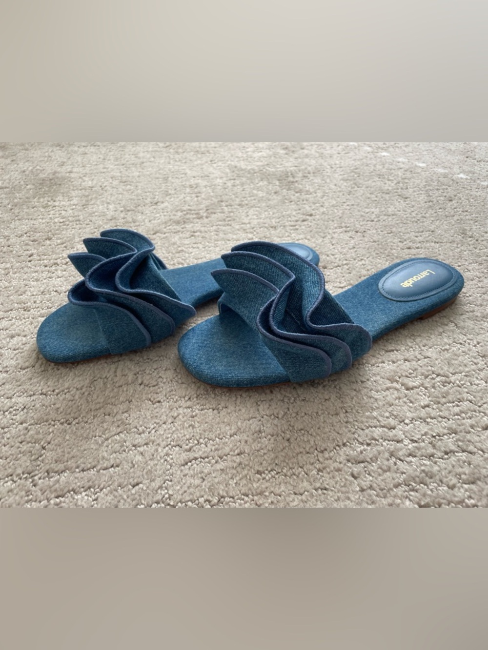 Larroude Denim Blue Ruffle Slide Sandals - Women